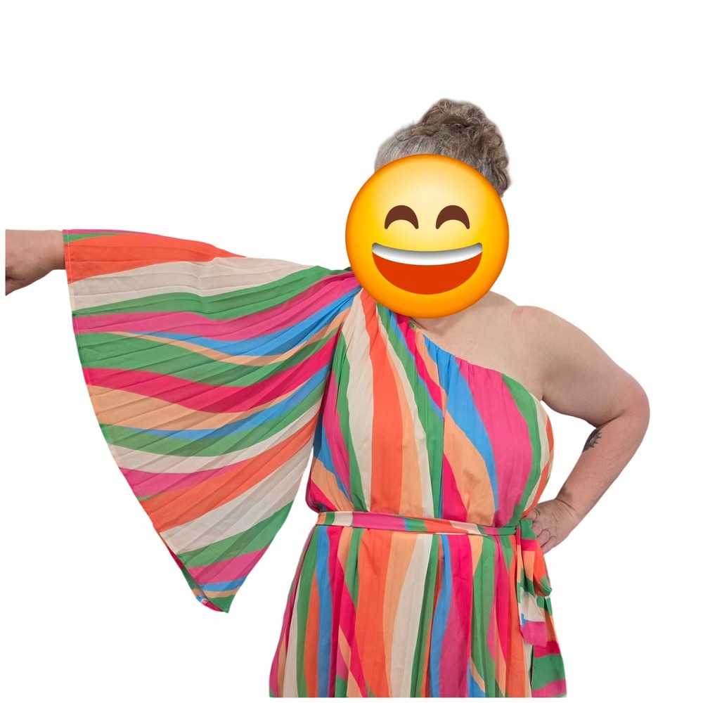 Flying Tomato Tulip One Shoulder Dress Rainbow Stripe Pleated Mini Large NWT